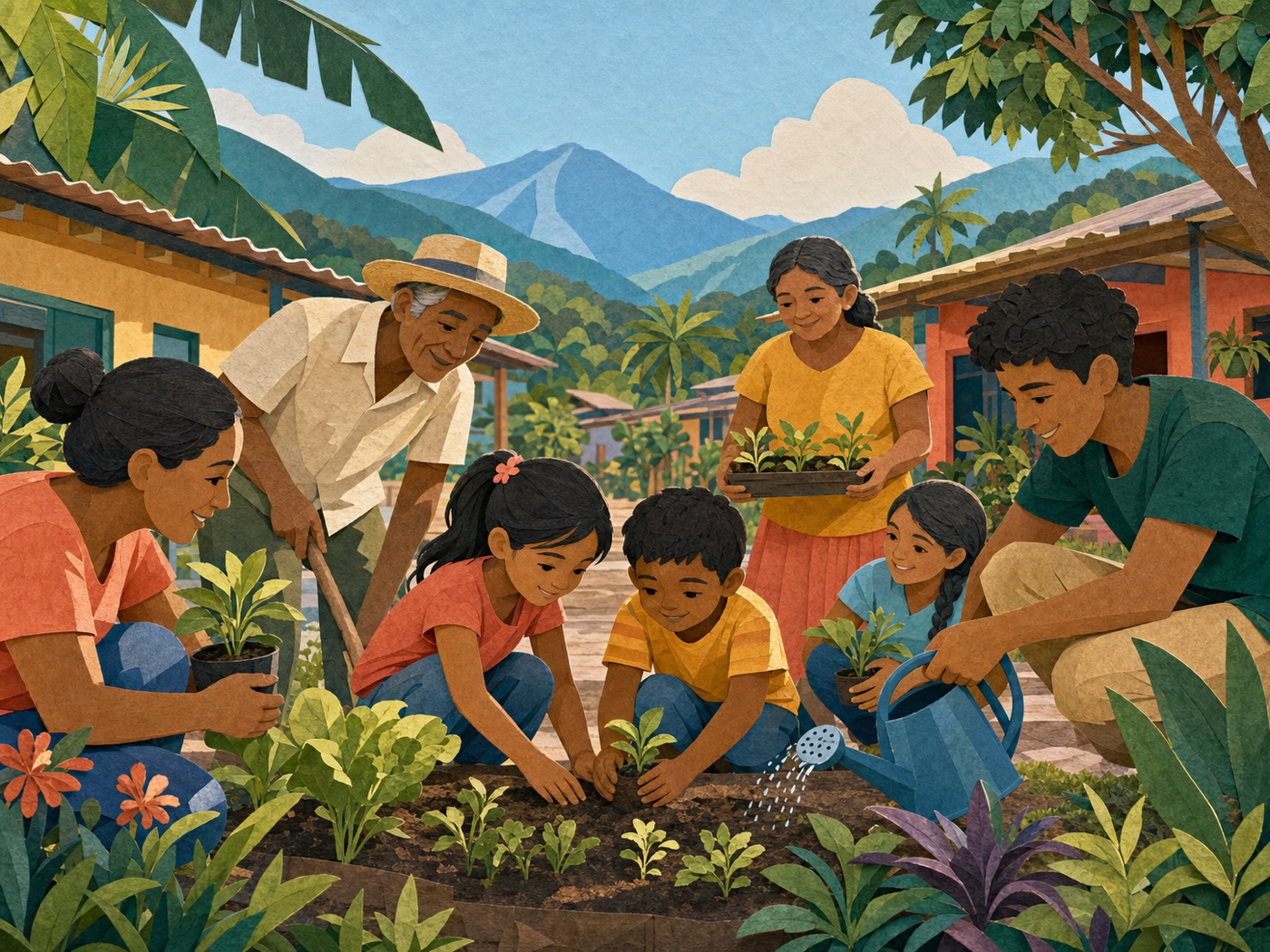 Ilustración de una comunidad sembrando un jardín junto a varios niños