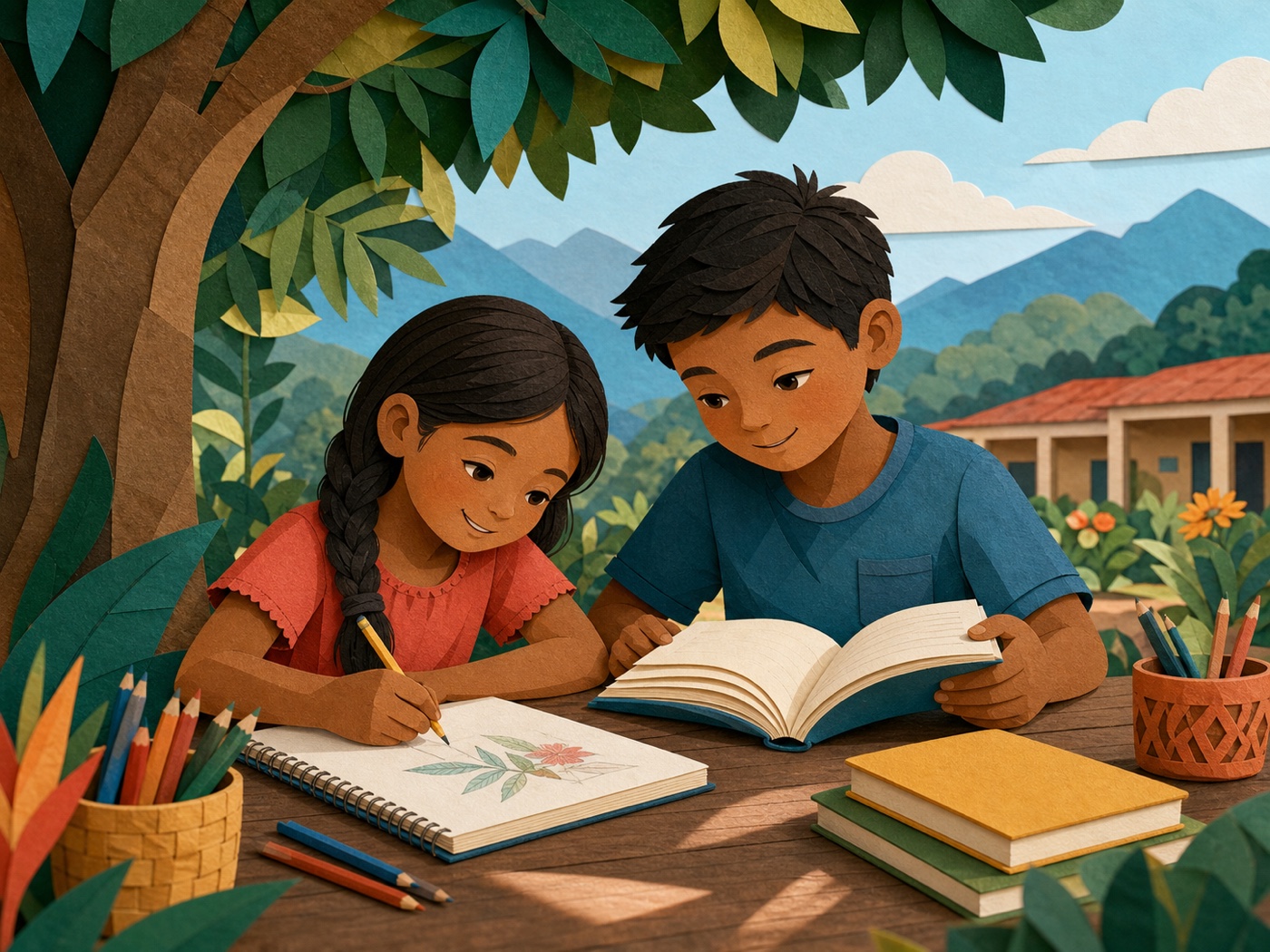 Ilustración de dos niños leyendo y dibujando juntos bajo un árbol