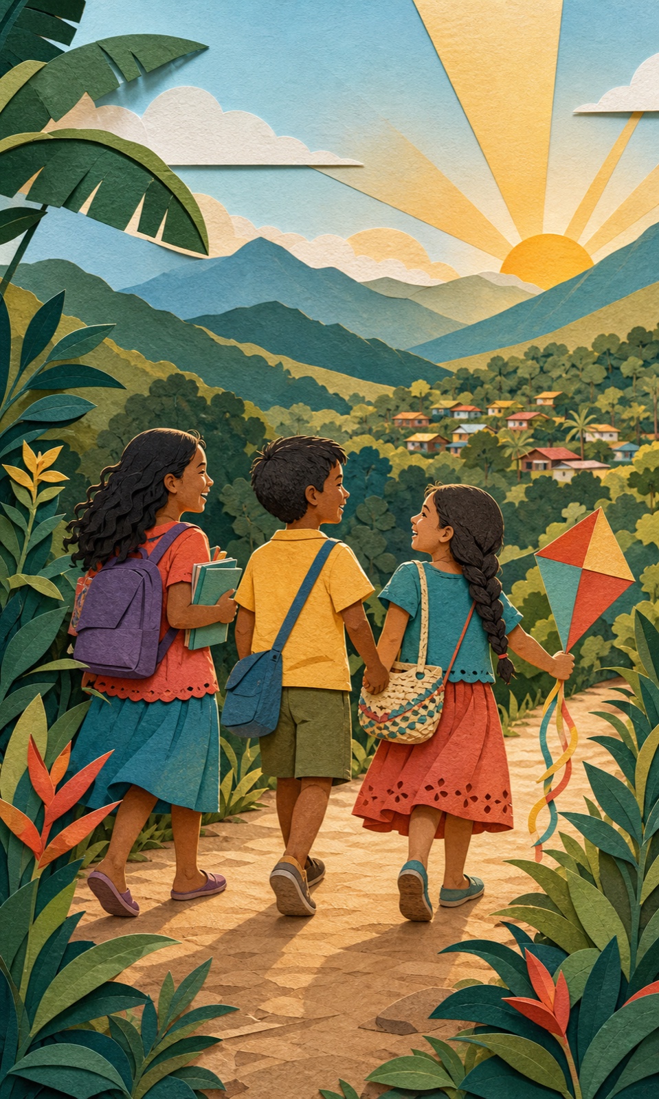 Ilustración editorial de tres niños caminando juntos hacia un amanecer entre montañas hondureñas