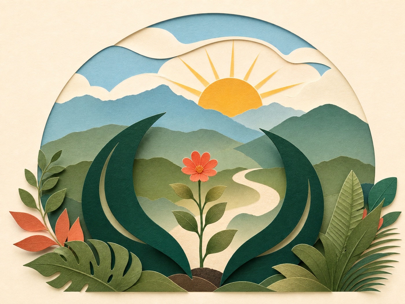 Ilustración de una flor protegida por hojas frente a un amanecer entre montañas