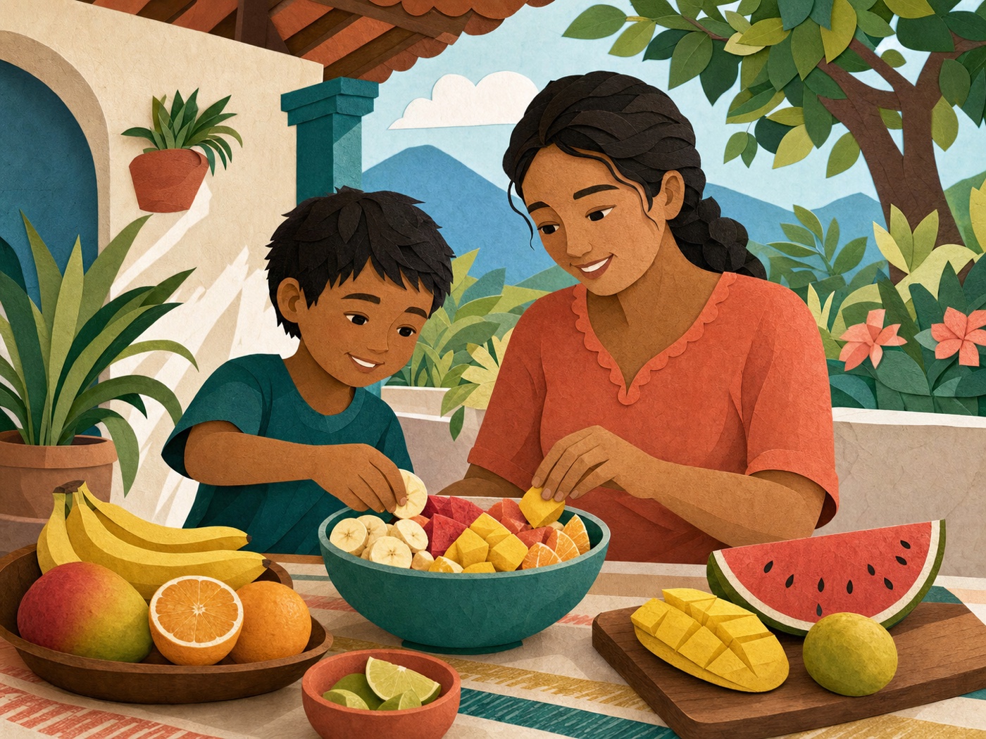 Ilustración de un niño y una adulta preparando frutas juntos